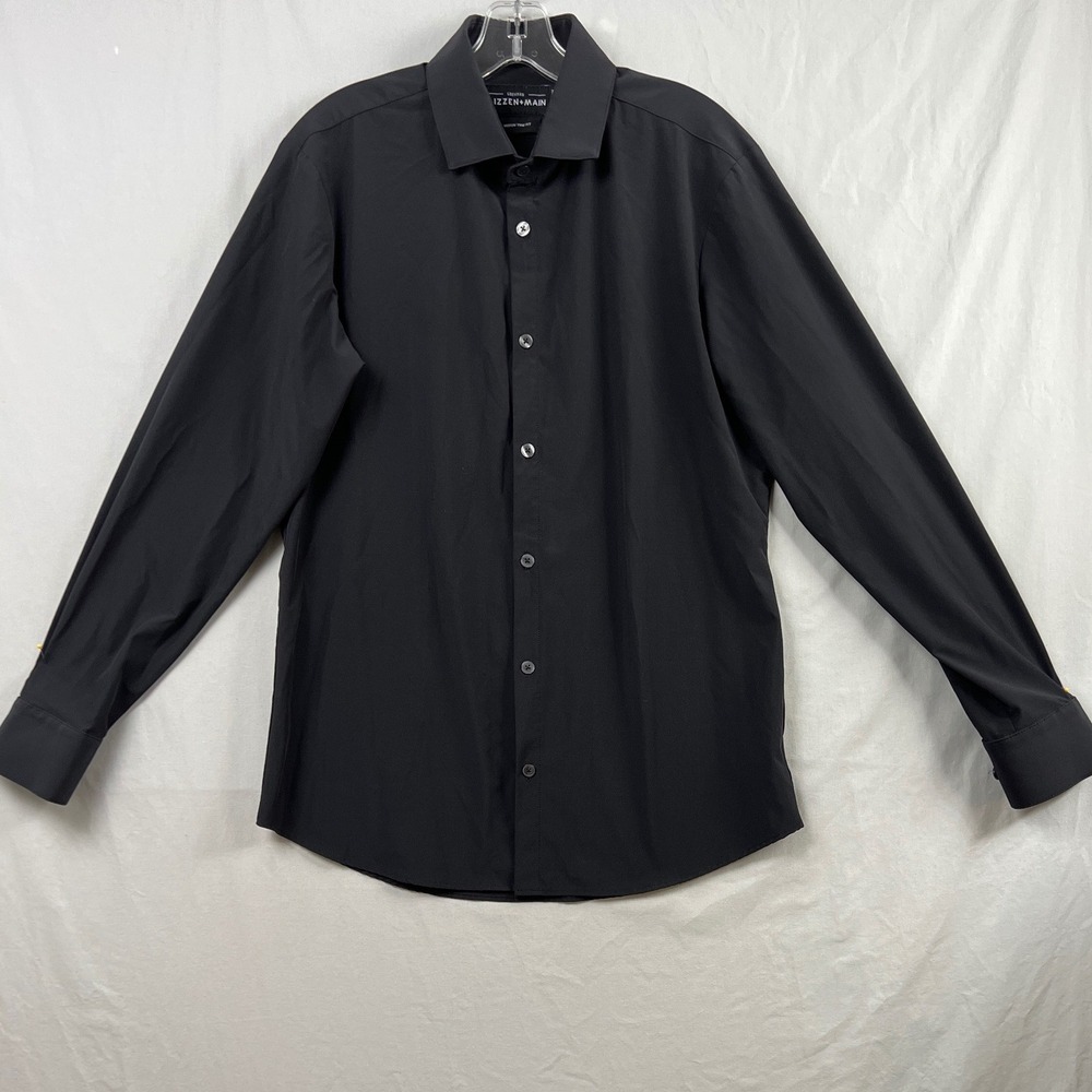 Mizzen+Main Leeward Dress Shirt Mens Medium Black Trim Fit Performance Stretch